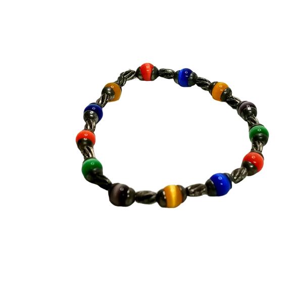 🌈 VTG Cats Eye Stretch Bracelet | Multicolor Fiber Optic Beads Silver Tone - Picture 8 of 12